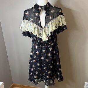 Topshop Black Floral Mini Dress with Yellow Ruffle